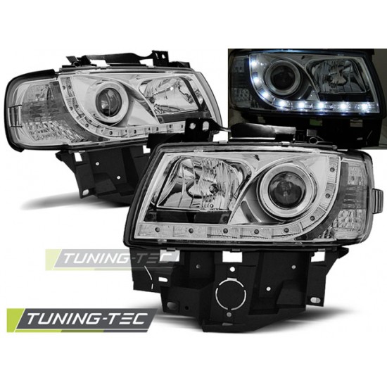 Faruri cu DRL pe fundal cromat compatibil cu VW T4 08.96-03.03 BUS